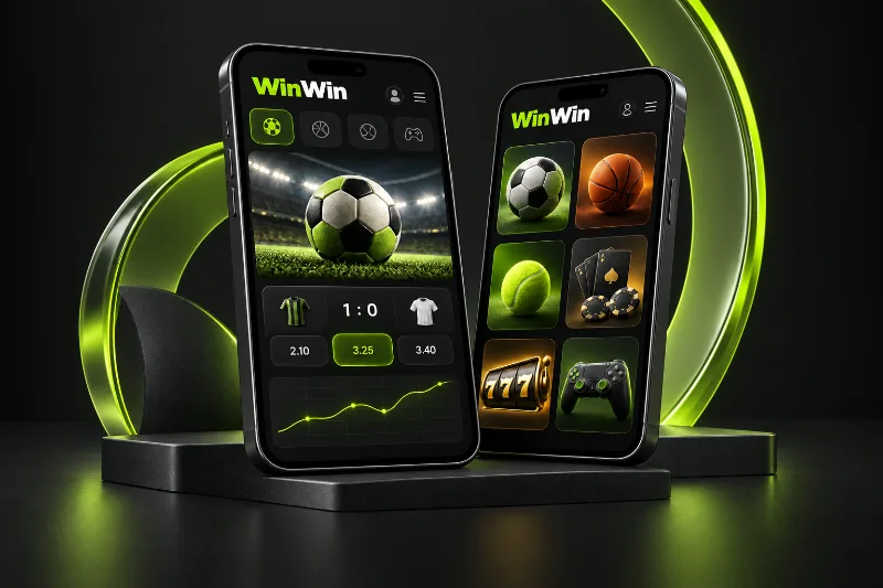 win win bet app download concept with two branded smartphones