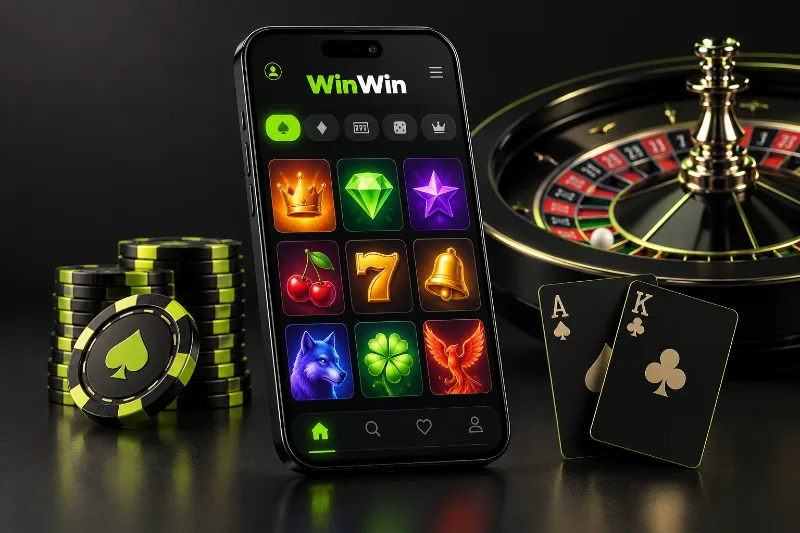 win win bet app casino illustration with a smartphone, roulette and playing cards