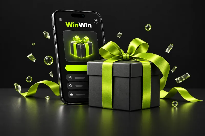 win win bet welcome bonus illustration with a green ribbon gift box